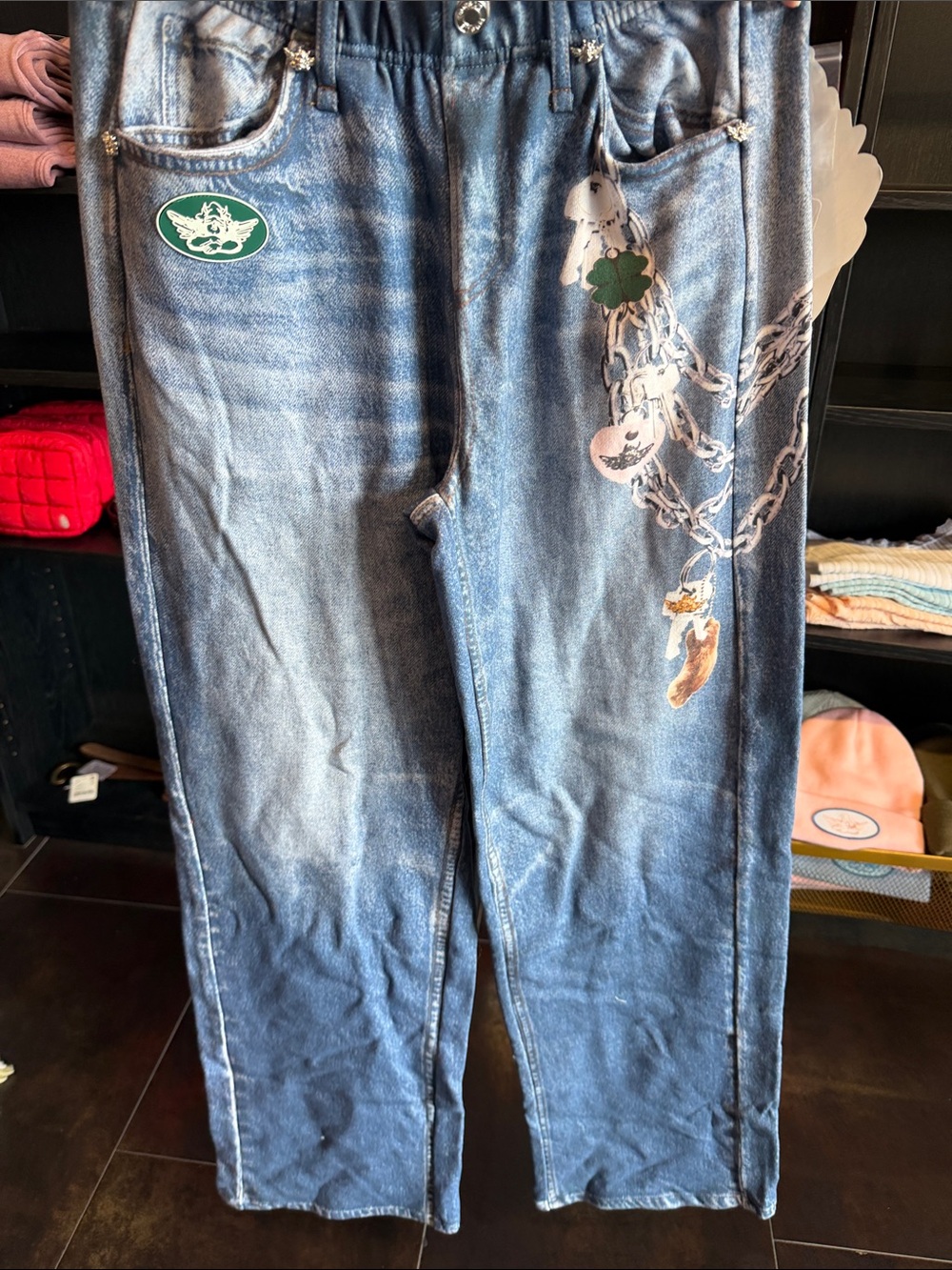 Boys Lie Blue Denim Pants with Chain & Sticker Graphics